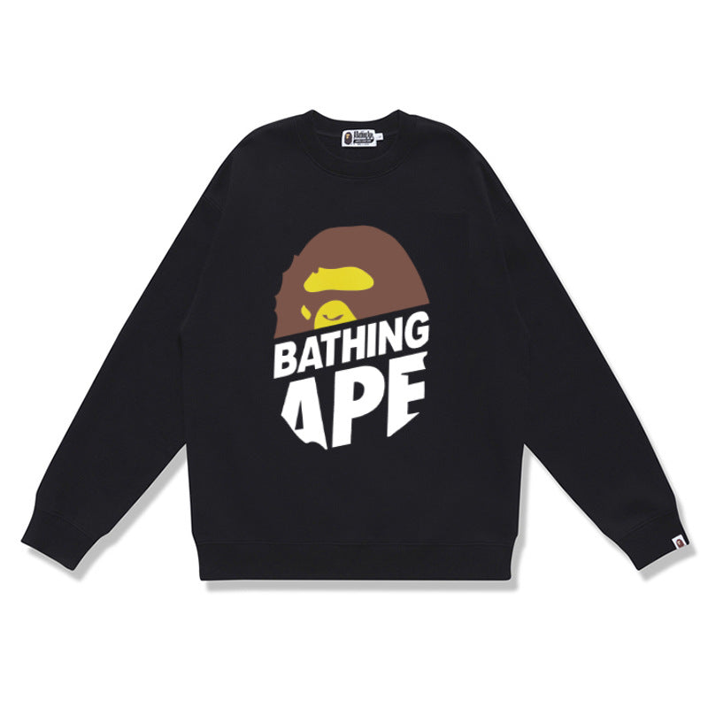 Terry Sweatshirt with Ape Man Letter Print, Unisex, Pure Cotton, Loose Fit, Thin, Crew Neck Pullover Top, Outerwear