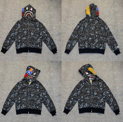 Fashion Brand Shark Camouflage Zipper Sweater Men and Women Couple Loose Cotton Fleece-lined Hooded Cardigan Coat Men