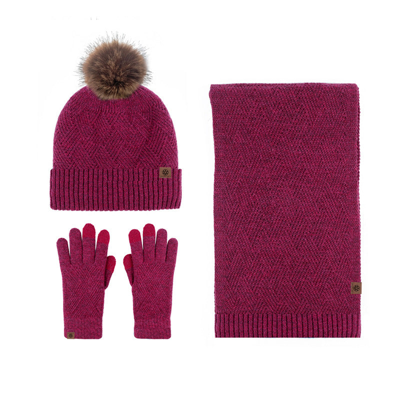 New Solid Color Wool Warm Hat Scarf Gloves Three-Piece Set Cold-Proof Fur Ball Fleece-lined Knitting Suit