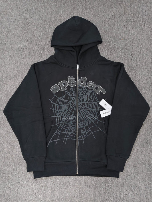 Trendy Brand Hoodie Casual Jacket Letter Black Strap Rhinestone Zipper Sp5-der Sweatshirt Men