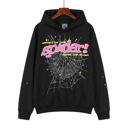 Beautiful Fashion Brand Men's and Women's Same Style 555555 Cobweb Puff Print Hip Hop Loose Heavy Terry Hooded Sweater Set
