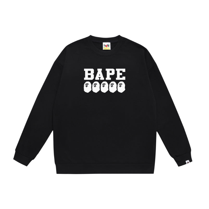 Terry Sweatshirt with Ape Man Letter Print, Unisex, Pure Cotton, Loose Fit, Thin, Crew Neck Pullover Top, Outerwear