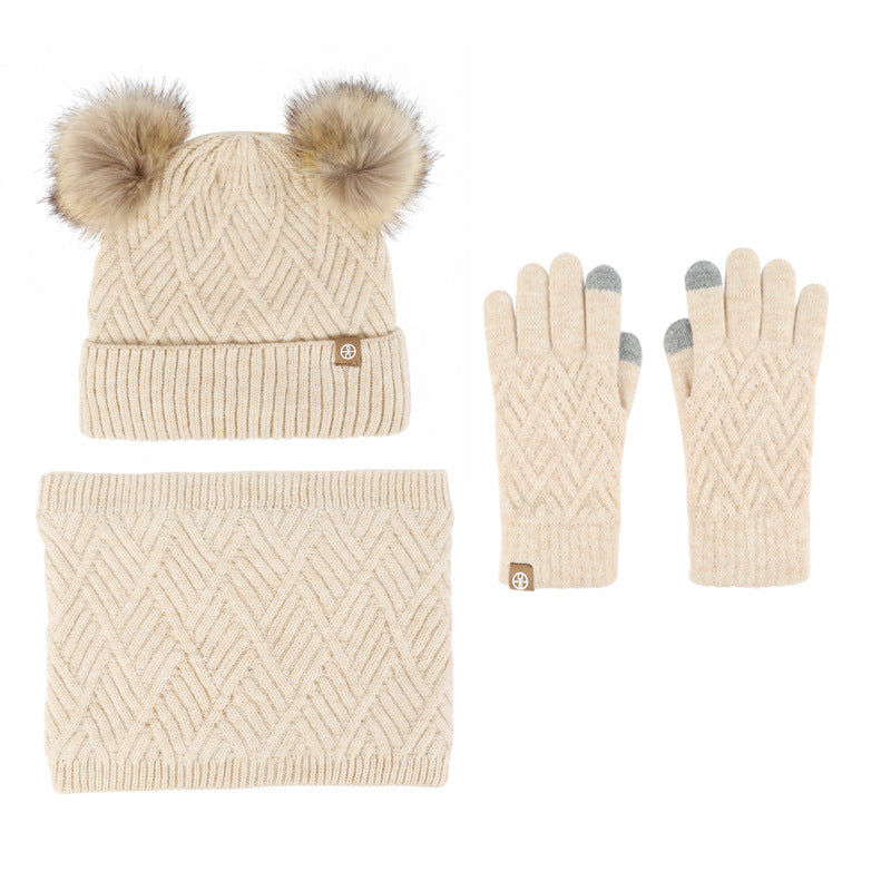 Children's Fur Ball Hat Scarf Gloves Three-Piece Set Winter Children Fleece-lined Thermal Knitting Suit