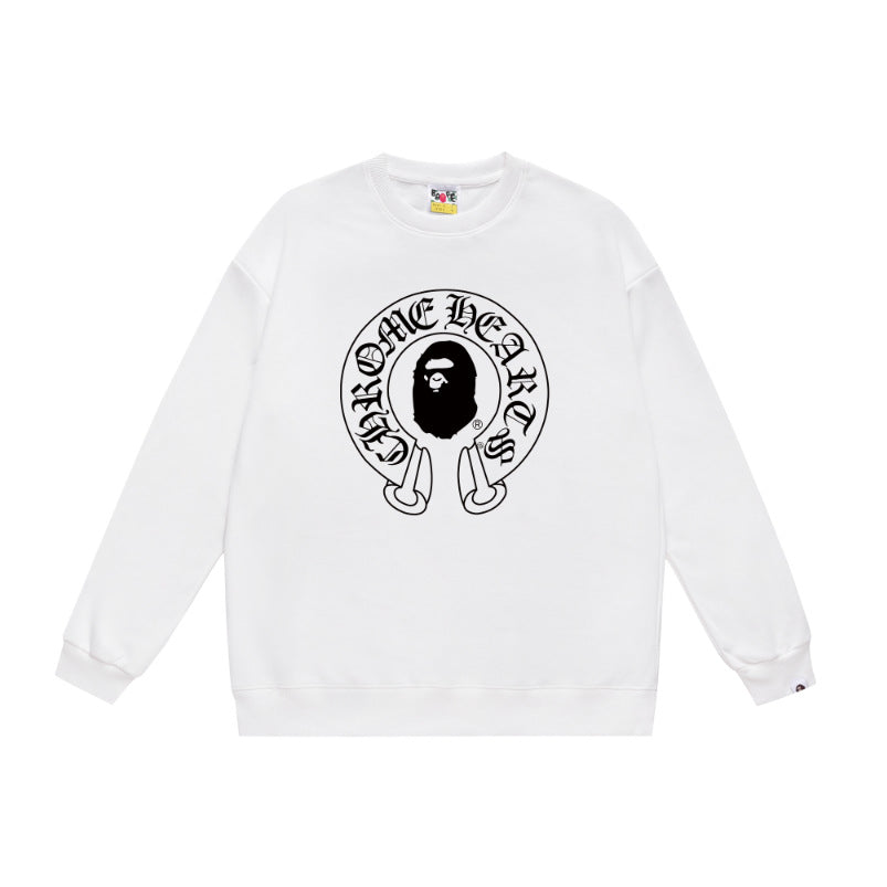 Terry Sweatshirt with Ape Man Letter Print, Unisex, Pure Cotton, Loose Fit, Thin, Crew Neck Pullover Top, Outerwear