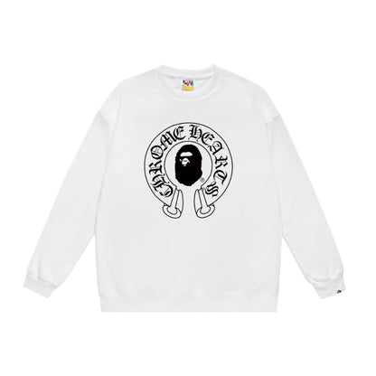 Terry Sweatshirt with Ape Man Letter Print, Unisex, Pure Cotton, Loose Fit, Thin, Crew Neck Pullover Top, Outerwear