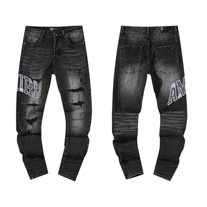 Jeans Washed and Distressed Retro Tattered Jeans Splash Ink Ruffle Handsome and Beautiful Style