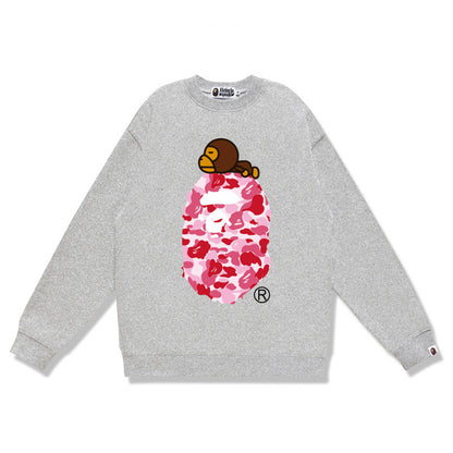 Terry Sweatshirt with Ape Man Letter Print, Unisex, Pure Cotton, Loose Fit, Thin, Crew Neck Pullover Top, Outerwear