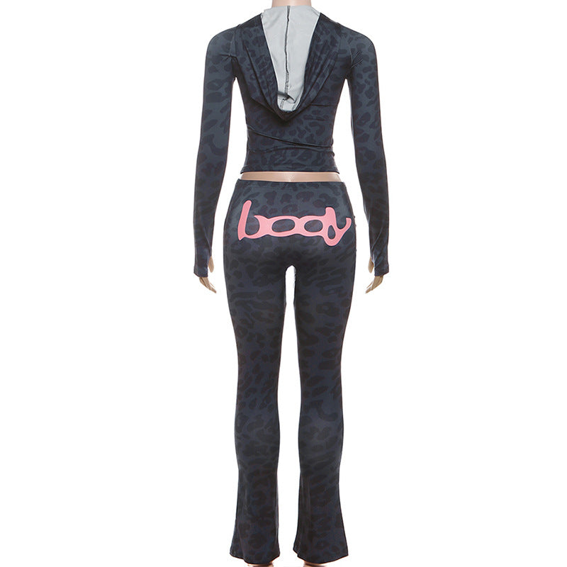 2025 Autumn Women's New Fashion Hooded Camouflage Print Long Sleeve Sports Trendy Slim Fit Long Pants Two-Piece Set