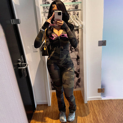 2025 Autumn Women's New Fashion Hooded Camouflage Print Long Sleeve Sports Trendy Slim Fit Long Pants Two-Piece Set