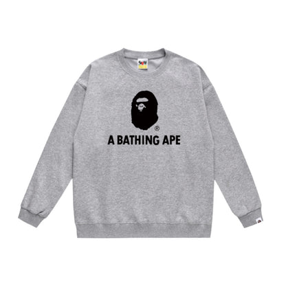 Terry Sweatshirt with Ape Man Letter Print, Unisex, Pure Cotton, Loose Fit, Thin, Crew Neck Pullover Top, Outerwear
