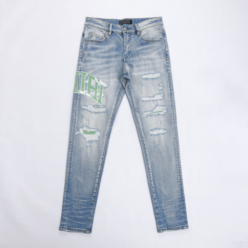 Fashion Street Style Men's Denim Shorts Summer Light Blue Trendy Brand Embroidered Patch Elastic Five-Point Denim Mid-Length Shorts