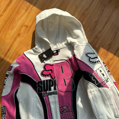 Sup x Fox Collab Fleece-Lined Zip-Up Hooded Sweatshirt Jacket Unisex
