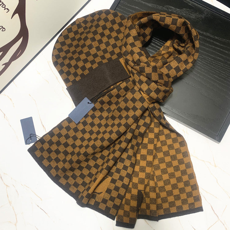 European and American Style Scarf Hat Two-Piece Suit Knitted Men's Wool Leather Tag Scarf Chess Plaid Warm Boys Scarf