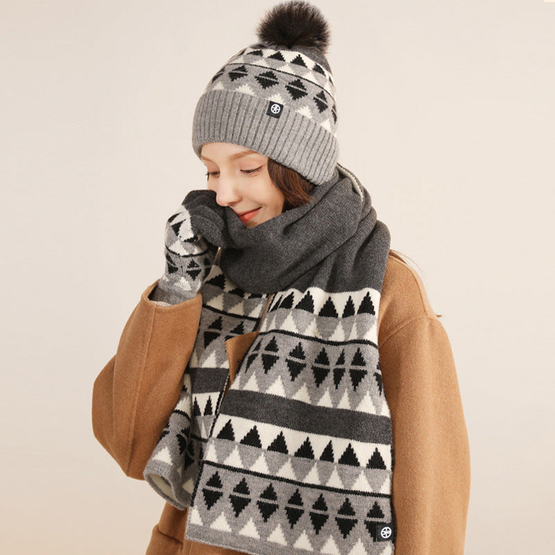 Winter New Japanese Style Knitting Gloves Scarf Hat Three-Piece Set Wool Warm Cold-Proof Fur Ball Scarf Three-Piece Set