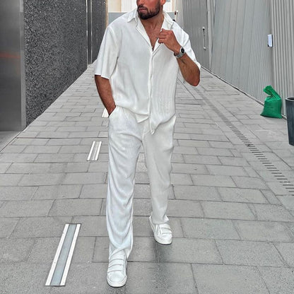 Men's Casual Loose Beachwear Solid Color Striped Short Sleeve Suit Southeast Asian Men's Shirt Two-Piece Set