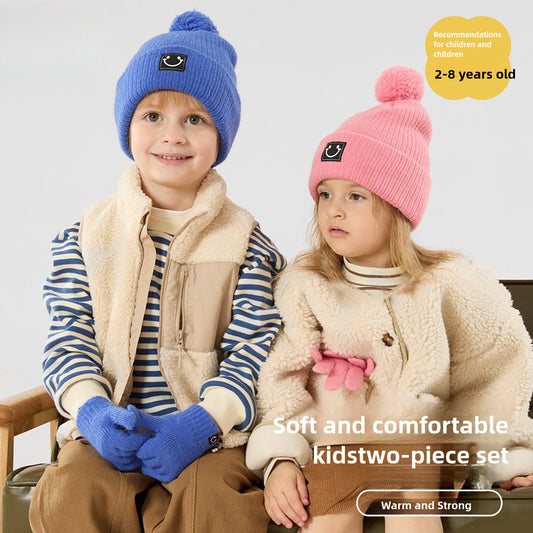 Winter Children's Knitted Hat Gloves Two-Piece Suit Warm Earflaps Cap Cute Boy Girl Baby Babies'