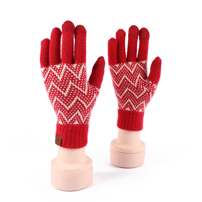 2024 Winter Popular Japanese Wool Knitted Plaid Gloves Fleece-lined Thickened Cycling Five-Finger Touch Screen Warm Gloves