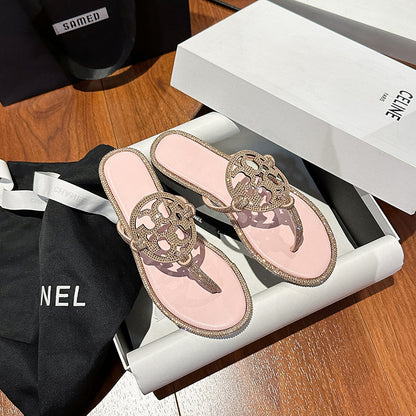TB Women's Slippers 2025 Summer New Diamond Flip-Flops Beach Foreign Trade  Large Size Sandals Slippers