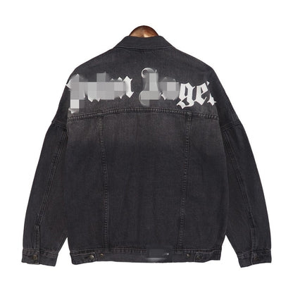 PA Trendy Brand Denim Jacket with Large Letter Logo and Palm Tree Design for Couples