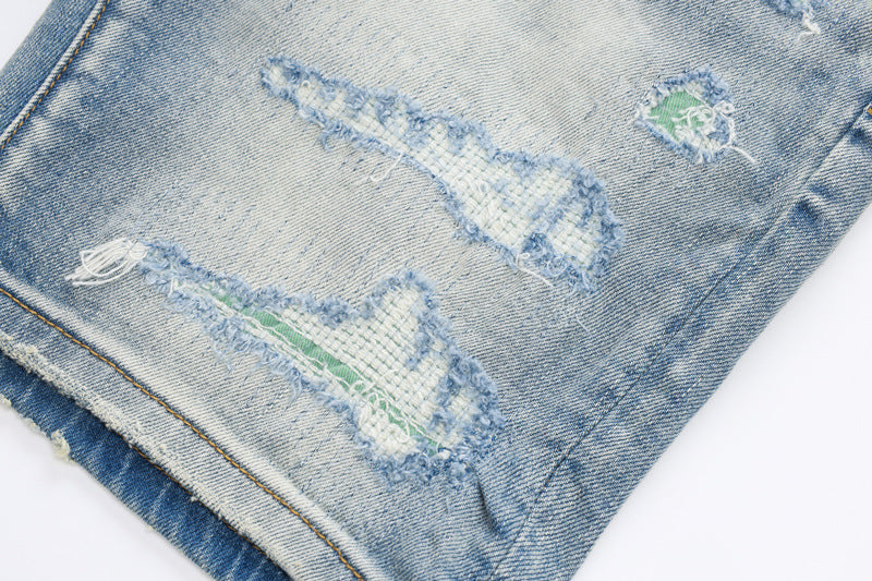 Fashion Street Style Men's Denim Shorts Summer Light Blue Trendy Brand Embroidered Patch Elastic Five-Point Denim Mid-Length Shorts