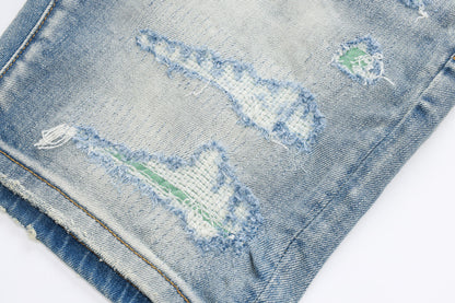 Fashion Street Style Men's Denim Shorts Summer Light Blue Trendy Brand Embroidered Patch Elastic Five-Point Denim Mid-Length Shorts