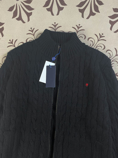 RL Raff Pony Label Autumn Winter Warm Cable Knit Zipper Sweater Cardigan Women Embroidered Cable Cardigan Men