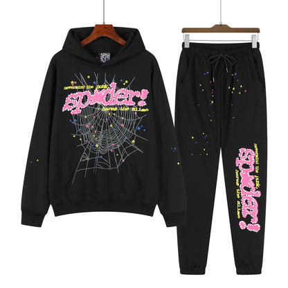 Beautiful Fashion Brand Men's and Women's Same Style 555555 Cobweb Puff Print Hip Hop Loose Heavy Terry Hooded Sweater Set