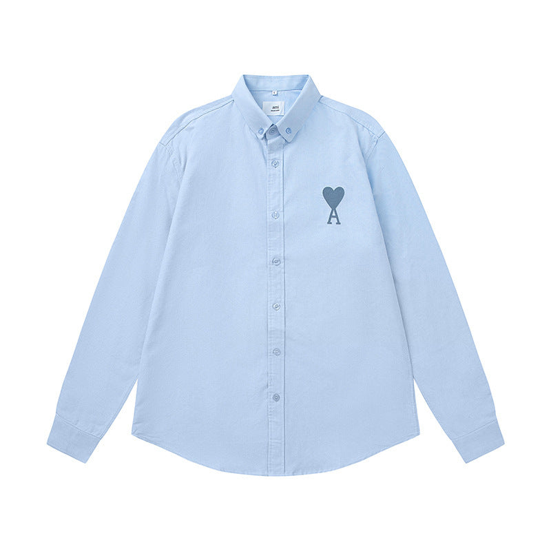Trendy Brand Am* Small Heart Embroidered Shirt Casual Loose Fit Unisex Couple Style Amy Cotton Long Sleeve Top(2)