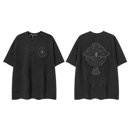 2025 New CHRM Heart Cross Sanskrit Patch Print Embroidery Loose Short Sleeve for Men and Women