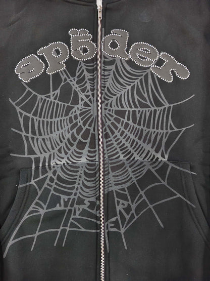 Trendy Brand Hoodie Casual Jacket Letter Black Strap Rhinestone Zipper Sp5-der Sweatshirt Men