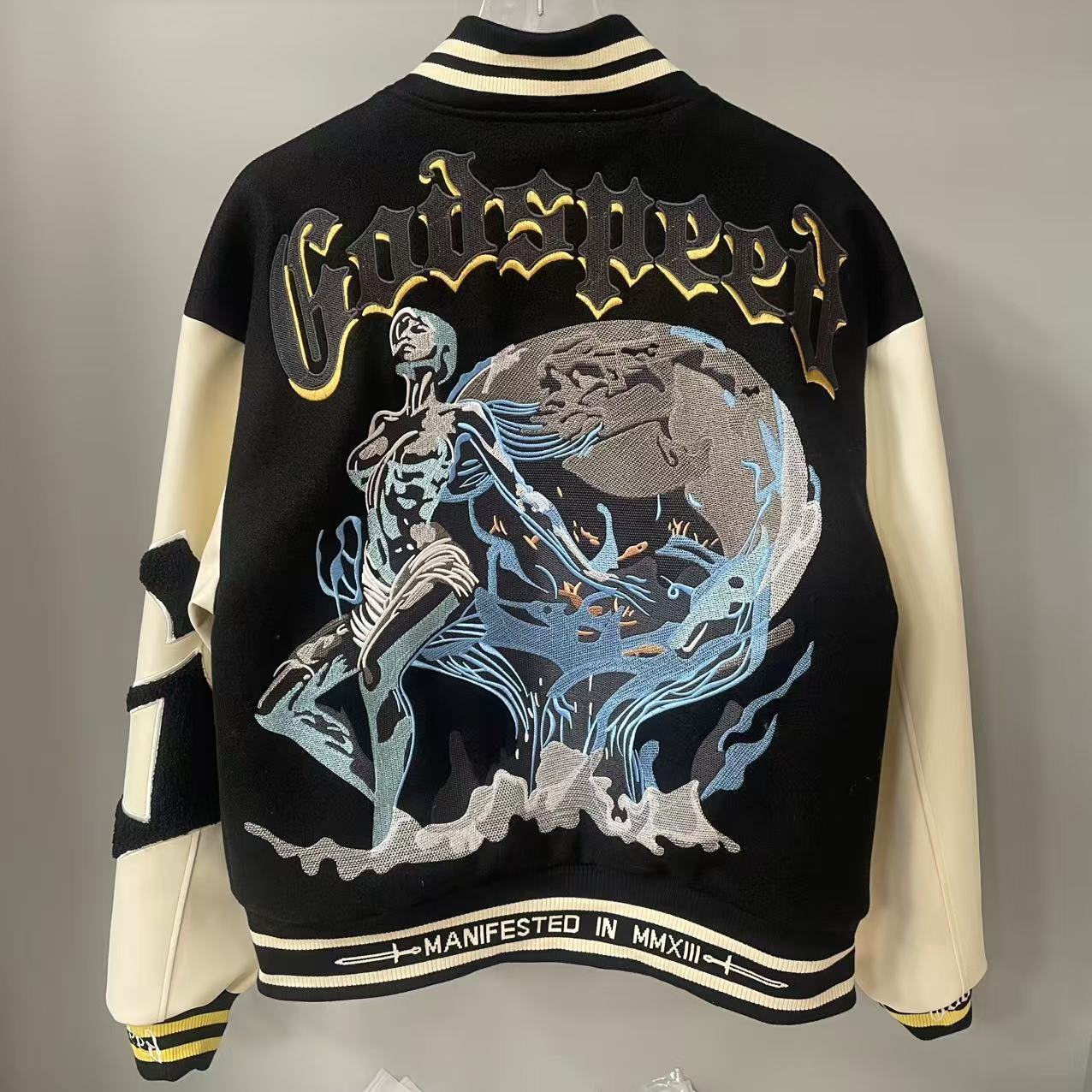 GODSPEED Heavy Embroidery PU Leather Patchwork Jacket Coat Unisex Woolen Padded Baseball Jacket