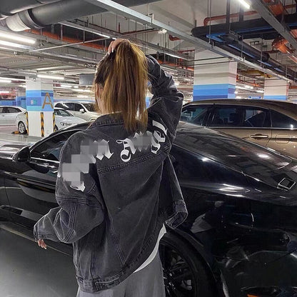 PA Trendy Brand Denim Jacket with Large Letter Logo and Palm Tree Design for Couples