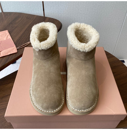 French Style Sheepskin Thick-Soled Snow Boots Round Toe Cow Suede Patchwork Warm Short Boots Versatile Flat Short Cotton Boots