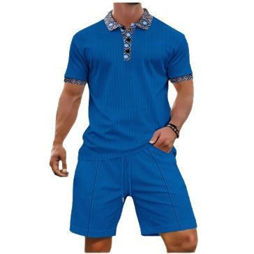 Men's New Waffle Zipper Solid Color Turn-Down Collar Short Sleeve T-Shirt Shorts Casual Set