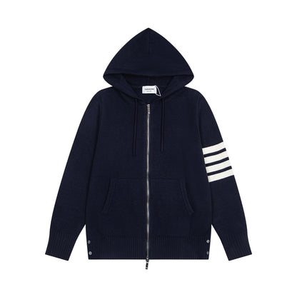Tom Browne TB Sailboat Hooded Cardigan Color Block Zipper Knitted Sweater Jacket