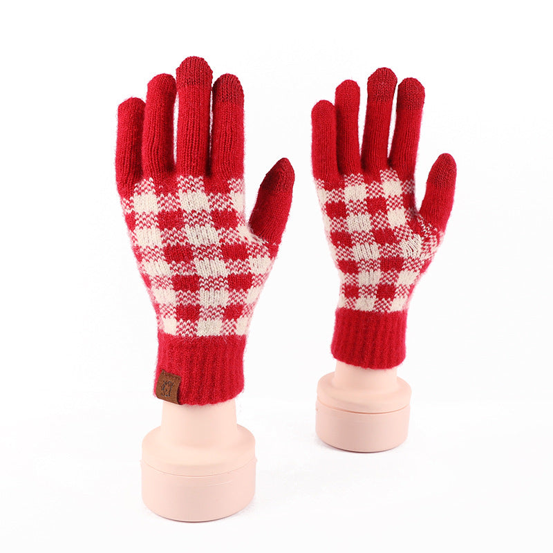 2024 Winter Popular Japanese Wool Knitted Plaid Gloves Fleece-lined Thickened Cycling Five-Finger Touch Screen Warm Gloves