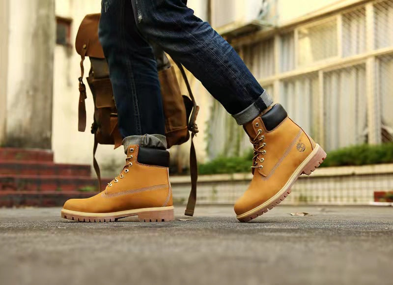 GMABCD Classic Yellow Boots Thick-Soled Martin Boots Men's Couple First Layer Cowhide Outdoor High-Top Boots