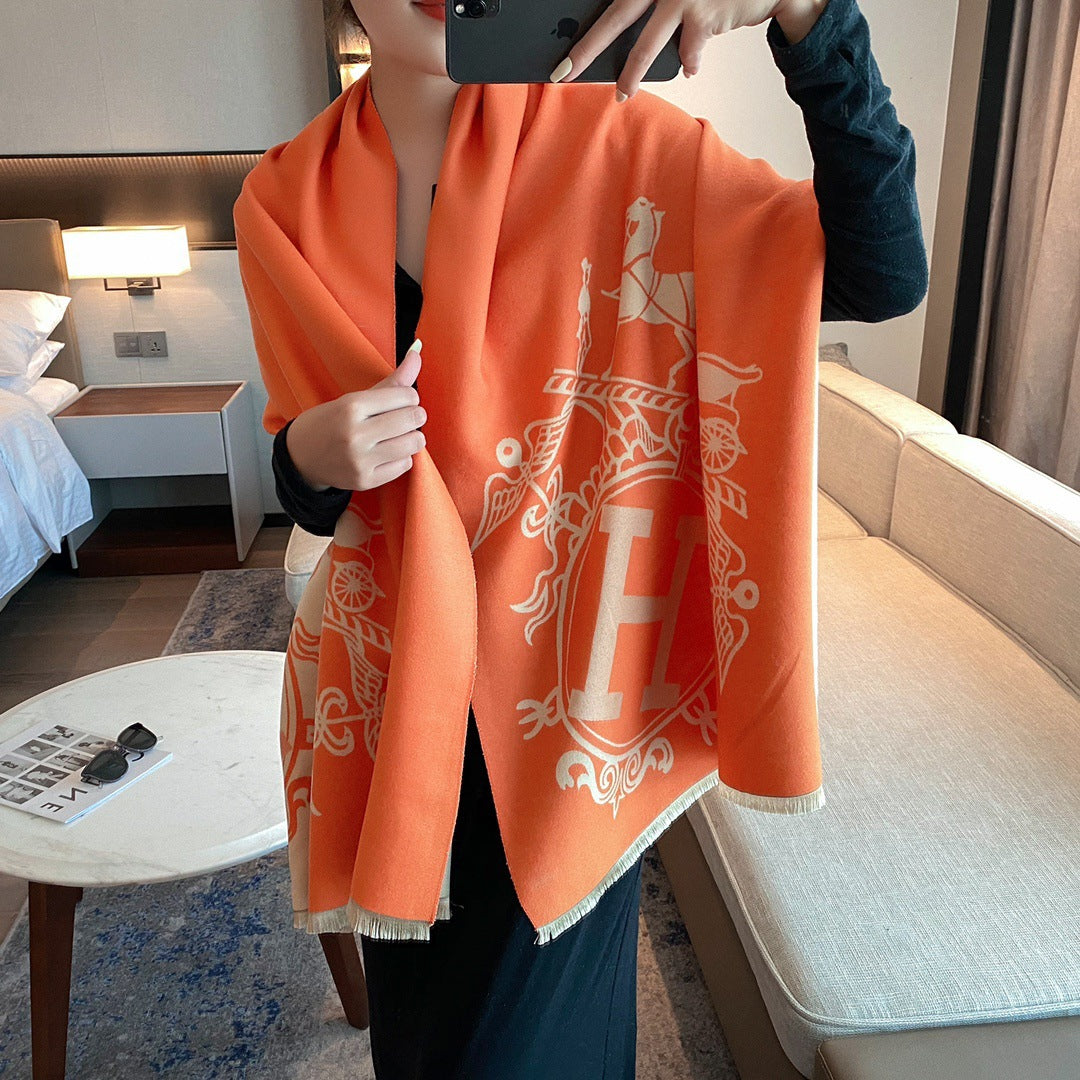 Autumn/Winter Japanese and Korean Cashmere Scarf Female H Letter Carriage Extra-Thick Orange Large Size Shawl AliExpress Supply Wholesale