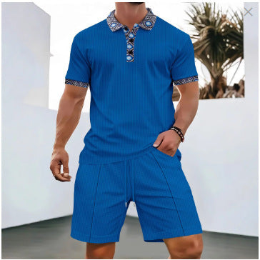 Men's New Waffle Zipper Solid Color Turn-Down Collar Short Sleeve T-Shirt Shorts Casual Set