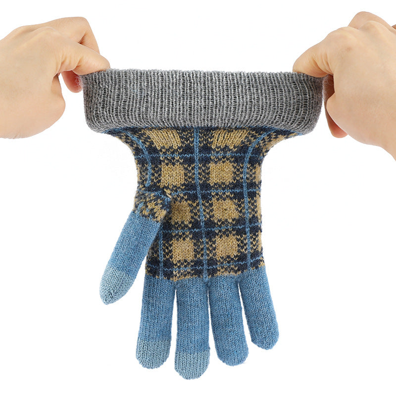 2024 Winter Popular Japanese Wool Knitted Plaid Gloves Fleece-lined Thickened Cycling Five-Finger Touch Screen Warm Gloves