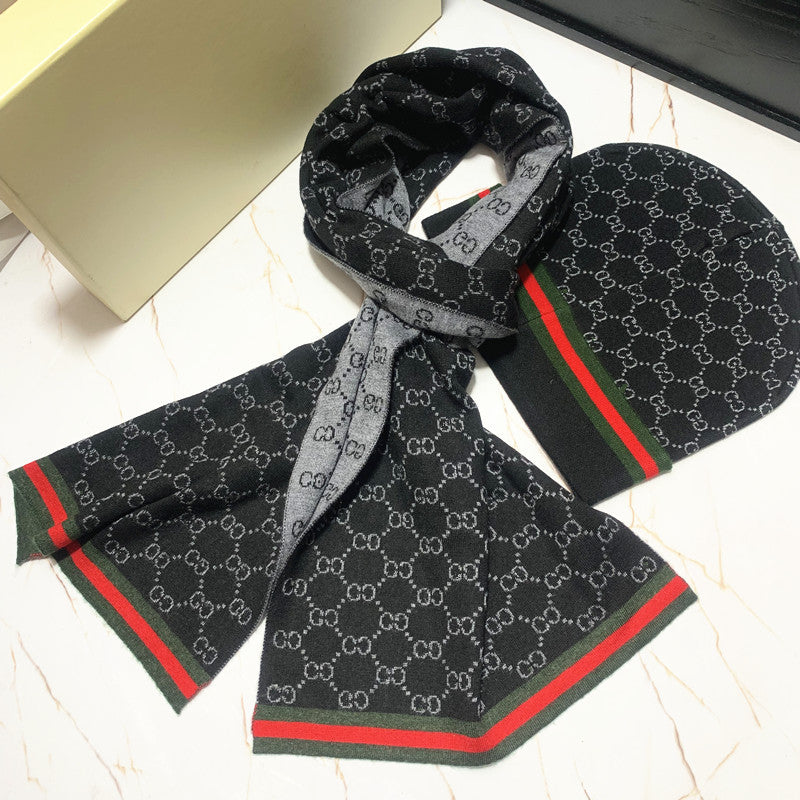 European and American Style Scarf Hat Two-Piece Suit Knitted Men's Wool Leather Tag Scarf Chess Plaid Warm Boys Scarf