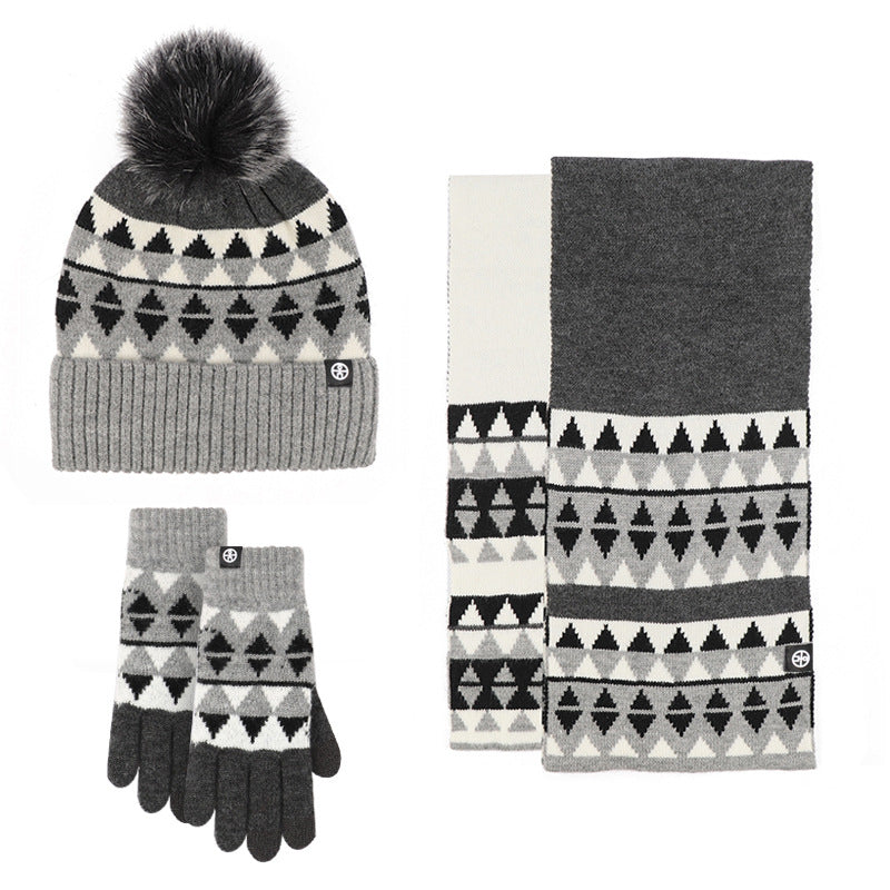 Winter New Japanese Style Knitting Gloves Scarf Hat Three-Piece Set Wool Warm Cold-Proof Fur Ball Scarf Three-Piece Set