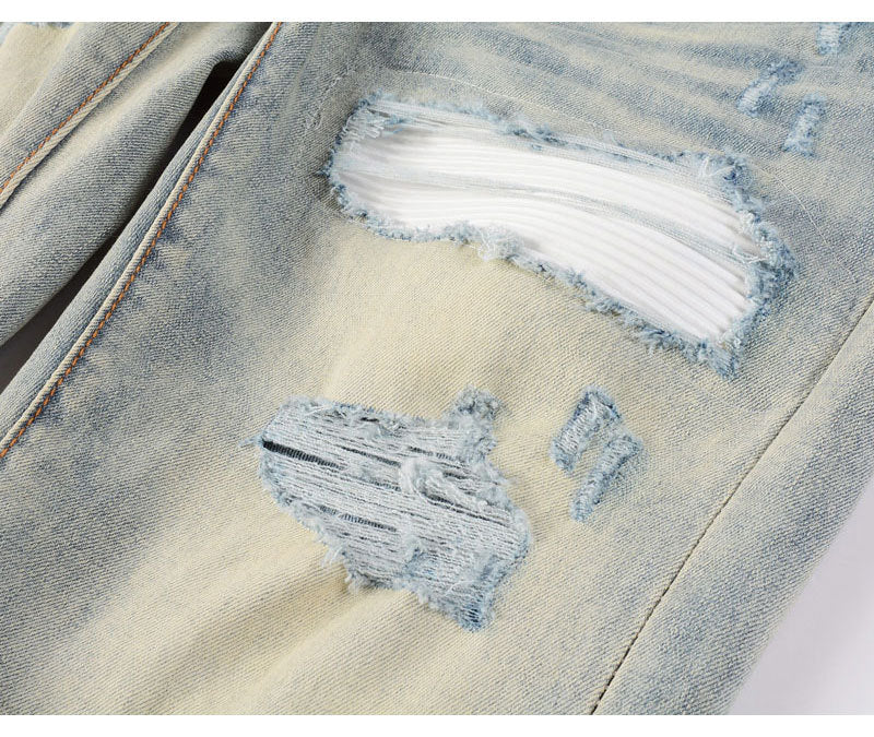 High Street Fashion Men's Jeans with Ripped Patches, Distressed Light Blue Slightly Stretchy Slim Fit Skinny Pants, Trendy Long Pants for Men