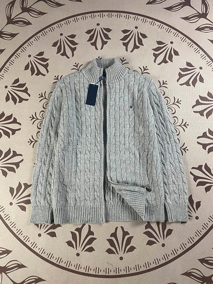 RL Raff Pony Label Autumn Winter Warm Cable Knit Zipper Sweater Cardigan Women Embroidered Cable Cardigan Men