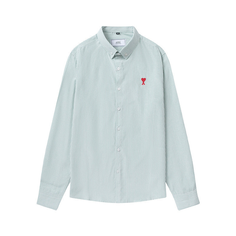 Trendy Brand Am* Small Heart Embroidered Shirt Casual Loose Fit Unisex Couple Style Amy Cotton Long Sleeve Top