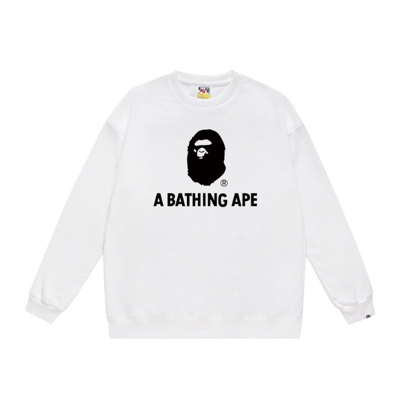 Terry Sweatshirt with Ape Man Letter Print, Unisex, Pure Cotton, Loose Fit, Thin, Crew Neck Pullover Top, Outerwear