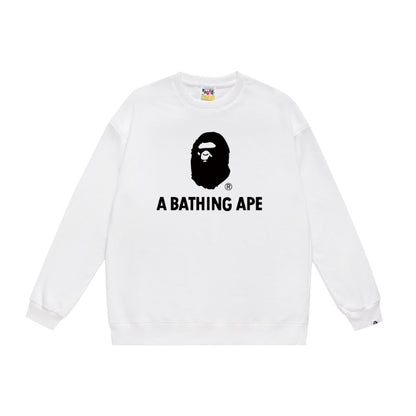 Terry Sweatshirt with Ape Man Letter Print, Unisex, Pure Cotton, Loose Fit, Thin, Crew Neck Pullover Top, Outerwear