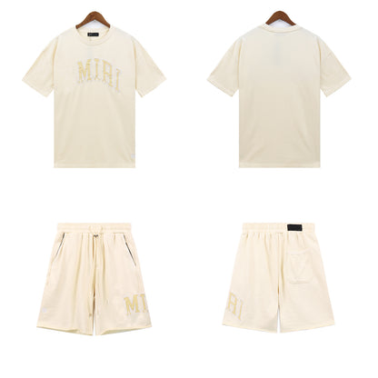 Ami Summer Washed and Worn Casual Letter American T-shirt Loose Men's and Women's Same Shorts Suit