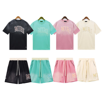 Ami Summer Washed and Worn Casual Letter American T-shirt Loose Men's and Women's Same Shorts Suit