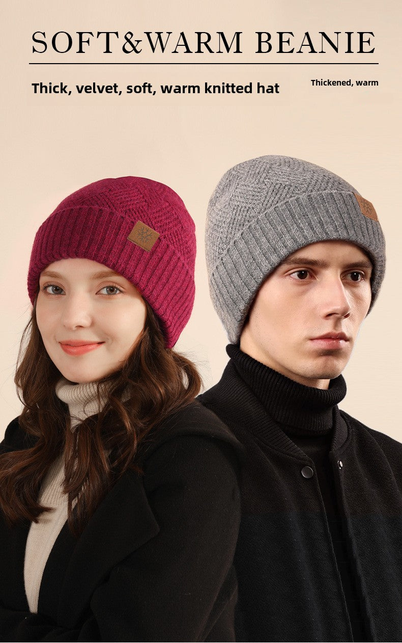 Winter Double Layer Fleece-lined Thickened Knitted Hat Women's Solid Color Wool Warm Windproof Earflaps Slipover Flanging Woolen Cap